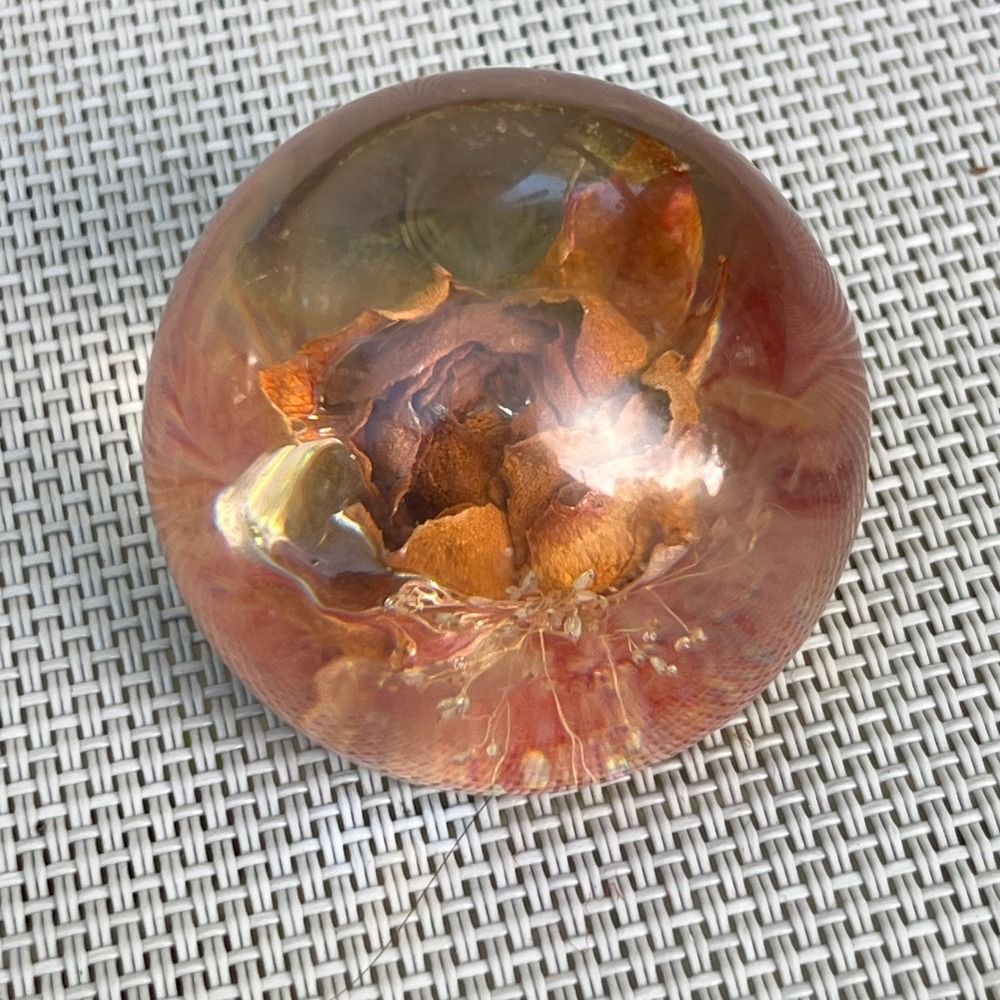 Vintage Resin Paperweight Dried Rose Botanical Orb Red Felt Base Clear Dome